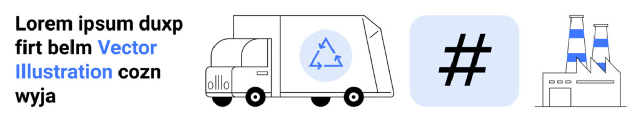 Fototapeta premium Garbage truck with recycling icon, metadata tag symbol, and factory building. Ideal for sustainability, waste management, recycling, industry, eco-friendly concepts, environmental awareness simple
