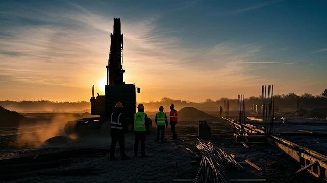 Construction Site at Sunset with Excavator and Workers in Silhouette