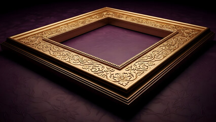 Fototapeta premium Ornate Gold Picture Frame with Intricate Floral Carvings on a Textured Purple Surface