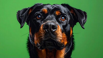 Close-up portrait of a Rottweiler dog.