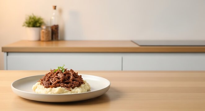 Seswaa (Botswanan shredded beef) in a minimalist handcrafted ceramic bowl.