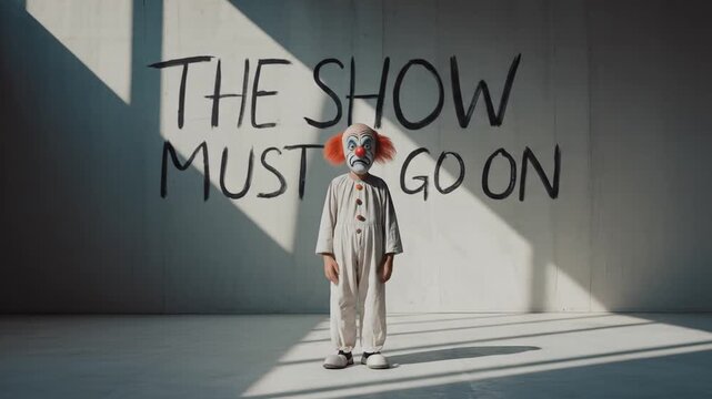 A Sad Clown Stands Before The Show Must Go On Message.