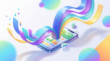 Colorful digital ribbons and abstract data flowing from a modern smartphone screen, symbolizing dynamic mobile application interaction and innovative technology
