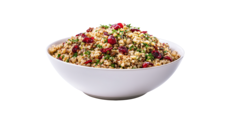 A Healthy Quinoa Salad with Dried Cranberries and Fresh Parsley in a White Bowl Served as a Nutritious and Delicious Meal on a Transparent Background.
