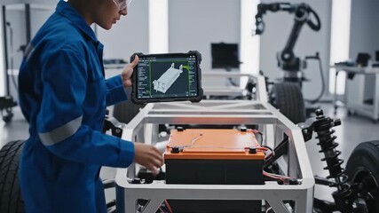 Female Engineer Inspecting Electric Vehicle Chassis With Tablet Showing Digital Blueprint And Robotic Arm In Background - Powered by Adobe