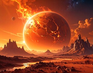 Cosmic Landscape with Planet and Galaxy.