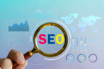 SEO Optimization and Data Analytics Dashboard with Magnifying Glass and Global Metrics