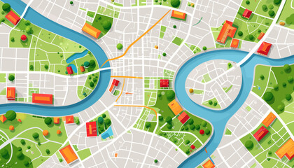 Obraz premium Detailed illustration of a vibrant city map with a winding river, bridges, and diverse urban structures.