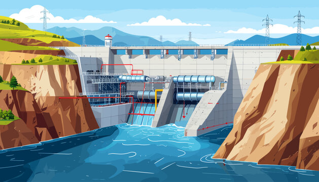A large hydroelectric dam generating power with water flowing through its gates, set against a mountainous landscape under a clear sky.