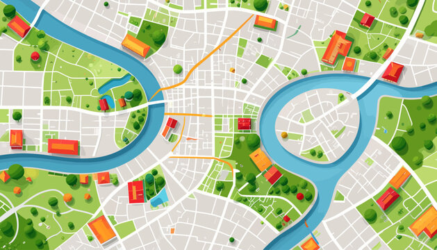 Detailed illustration of a vibrant city map with a winding river, bridges, and diverse urban structures.