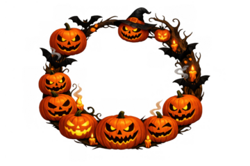 Halloween wreath designed with carved pumpkins, flying bats, spooky branches, and glowing candles, perfect for holiday greetings