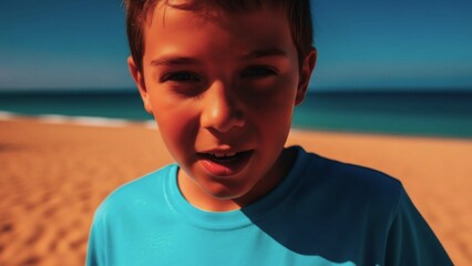 High-Contrast Close-up Portrait of Young Boy on Orange Sandy Beach with Blue Sky