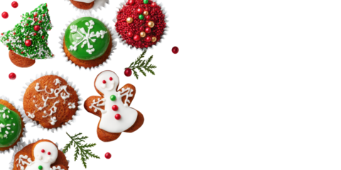 A Delicious Assortment of Homemade Christmas Holiday Sweets Including Decorated Cupcakes and Gingerbread Cookies on a Transparent Background.