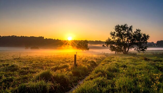 A scenic sunrise bathes a grassy field and distant trees in golden light, with a misty atmosphere creating a serene landscape