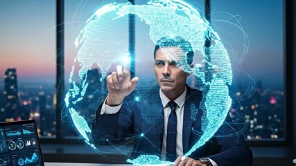 Professional Businessman Using Digital Technology in Modern Office with Global Map Visualization