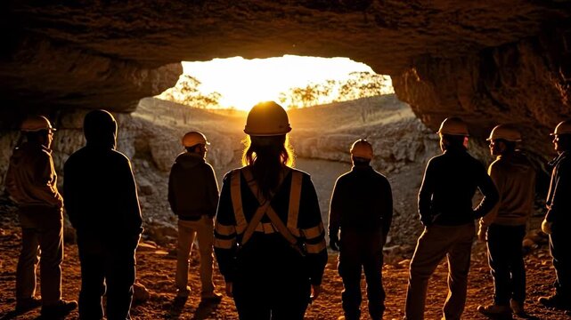 Group of Workers Watching Sunset from Cave Entrance in Natural Landscape