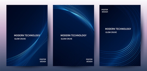 Abstract Blue Curve Technology Poster and Cover Template Set with Glowing Lines © Aneg