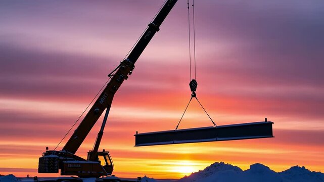 Construction Crane at Sunset in Industrial Landscape with Heavy Load