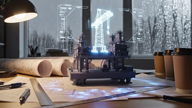 Industrial machinery model on a drafting table with blueprints and office supplies.