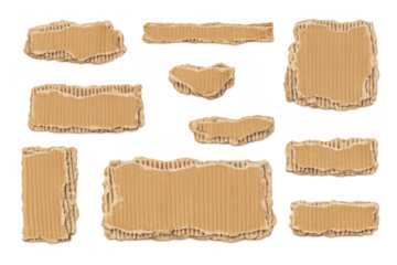 Ripped corrugated cardboard elements set creating textured banners and frames with empty space on a transparent background