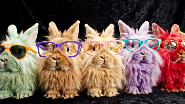 Colorful Rabbits Wearing Sunglasses in a Row.
