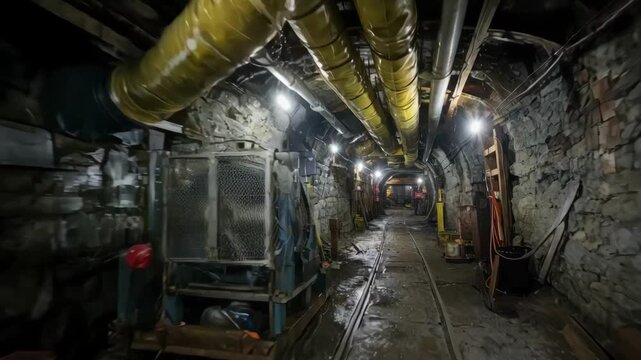 Medium shot of a mine adit ventilation setup showing air curtains and ducting channels ensuring proper ventilation in horizontal underground passages.