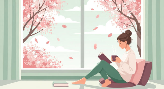 Young woman relaxing indoors enjoying a good book and hot beverage beside a blooming cherry blossom window on white background
