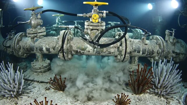 Underwater industrial pipeline with valves and corals affected by pollution.