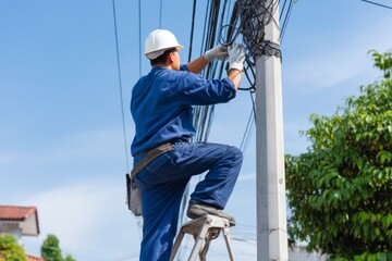 Repairing Cable Connections on Street Pole Using Ladder During Routine Maintenance