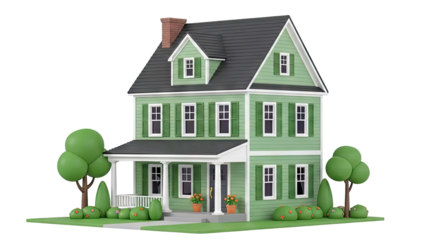Cartoon Green Two-Story House with Porch and Garden