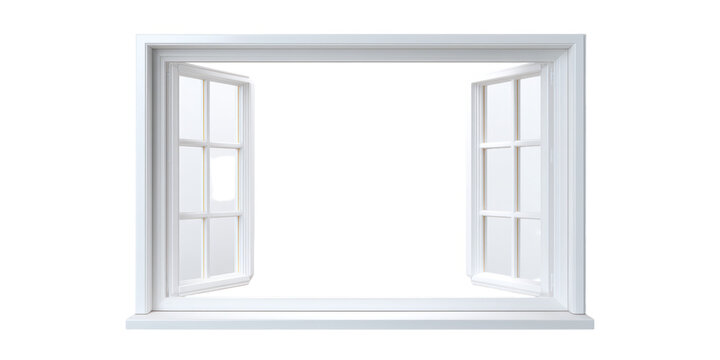 An Elegant White Double Casement Window with Traditional Glass Panes Is Opened Wide from an Interior Viewpoint, Isolated on a Transparent Background.