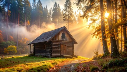 A rustic wooden cabin is bathed in golden sunlight filtering through a dense, colorful forest during autumn
