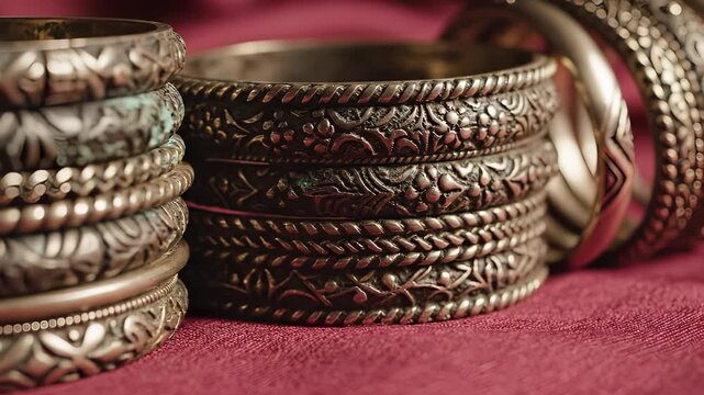 Close-up of antique silver bracelets on a red surface.