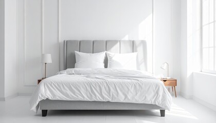 Fototapeta premium Minimalist white bedroom interior with cozy bed and morning sunlight