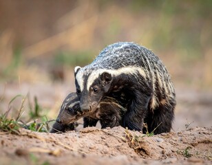 Badger standing on soil outdoors in natural habitat.