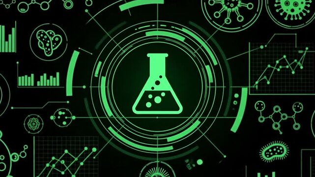 Science & Tech Innovation: A dynamic graphic showcasing scientific advancements, featuring a glowing beaker at the core, surrounded by intricate diagrams, molecular structures and data visualizations.