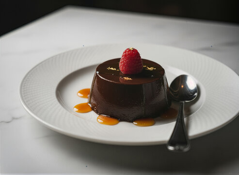 Piedmontese Bunet Chocolate Pudding with Raspberry and Gold Leaf