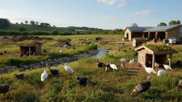 Medium shot of a turkey farm implementing ecoconscious rearing techniques with diverse breeds emphasizing sustainable habitat design and animal welfare standards.