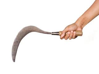 A hand holding a sharp curved knife or "Celurit" on a white background. A traditional farming tool from Indonesia.