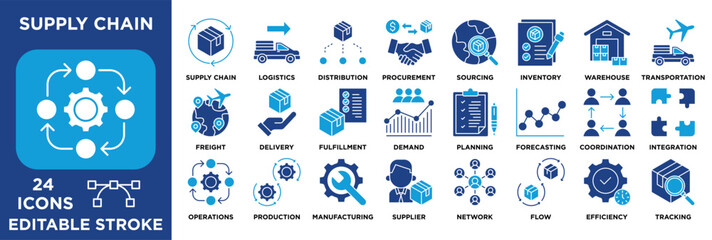 supply chain icon collection set. Containing logistics, procurement, inventory, warehouse, manufacturing, supplier concepts. blue tone editable