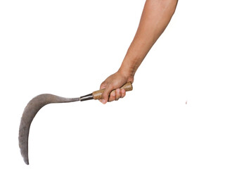 A hand holding a sharp curved knife or "Celurit" on a white background. A traditional farming tool from Indonesia.