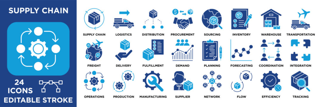 supply chain icon collection set. Containing logistics, procurement, inventory, warehouse, manufacturing, supplier concepts. blue tone editable