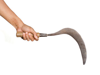 A hand holding a sharp curved knife or "Celurit" on a white background. A traditional farming tool from Indonesia.