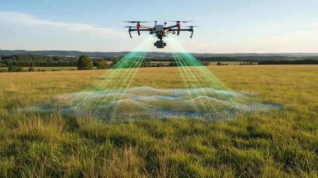Medium shot of a LIDARequipped drone flying above grassy fields generating 3D terrain models for advanced land analysis and pasture monitoring.