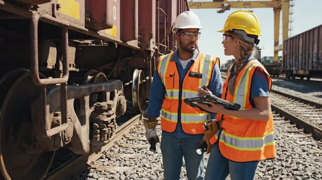 Two Construction Workers in Orange Vests and Hard Hats Inspecting Train Cars on Sunny Day