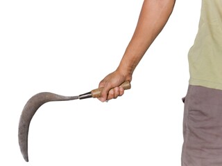 A hand holding a sharp curved knife or "Celurit" on a white background. A traditional farming tool from Indonesia.