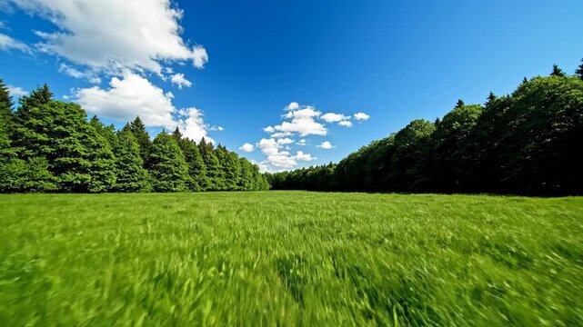 A serene landscape with a lush green field and trees under a blue sky with clouds on a sunny day outdoors