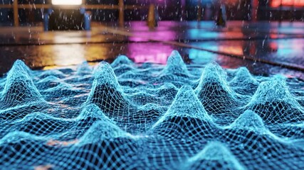 Futuristic digital landscape with neon blue mesh grid and abstract mountains. - Powered by Adobe