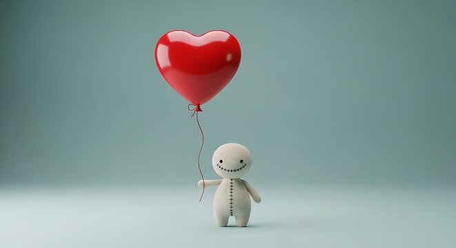A charming 3D rendered character joyfully holding a vibrant red heart balloon, symbolizing universal love, happiness, and affection against a clean background