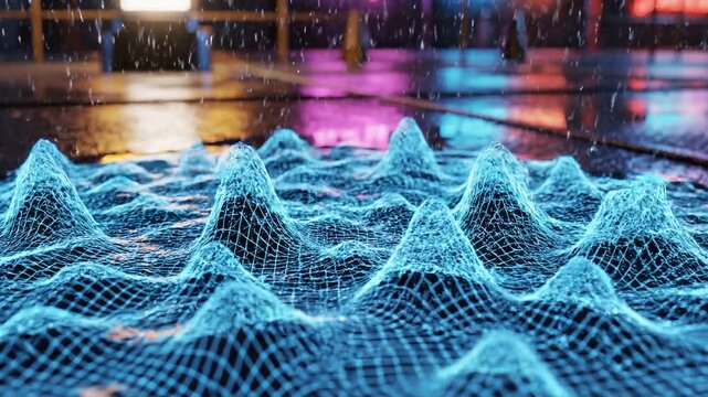 Futuristic digital landscape with neon blue mesh grid and abstract mountains.